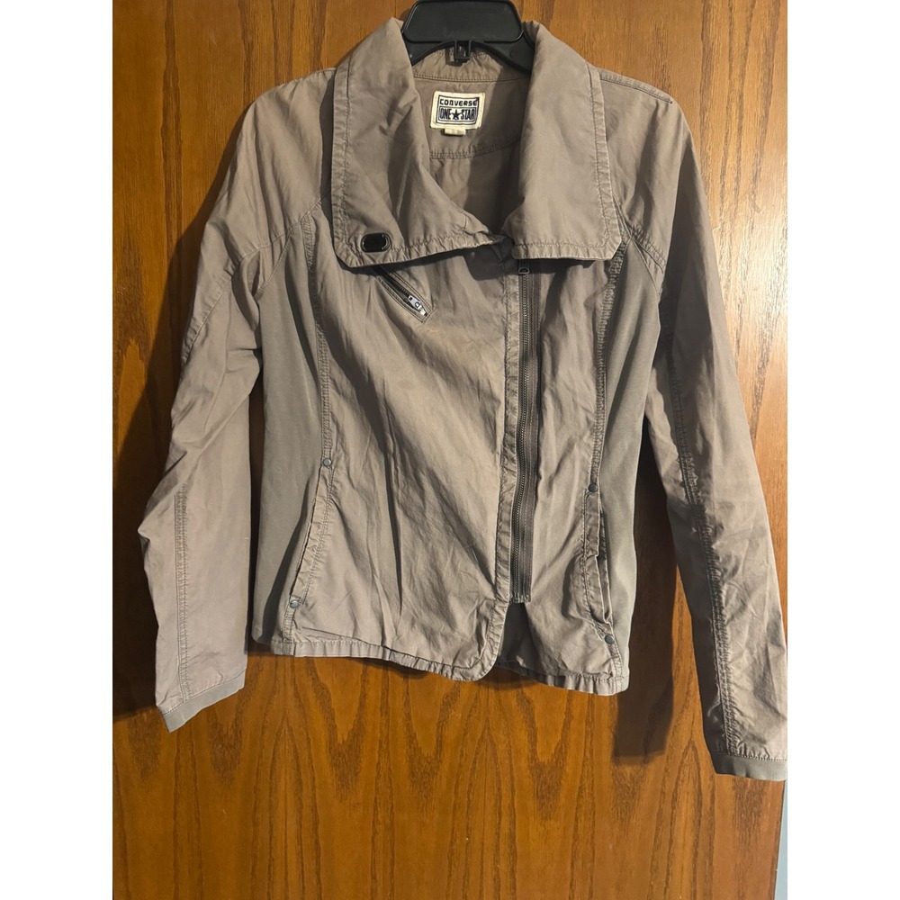 Converse One Star Womens Moto Jacket Taupe Gray Asymmetric Zip Cotton Size M